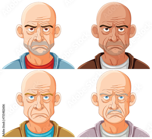 Four vector illustrations of a man with varying frowns.