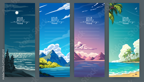 Sea beach. Summer ocean vacation with sunset, landscape design background for resort banner. Night, sunset and day. Mountains with trees and clouds on background. Vector vertical posters set