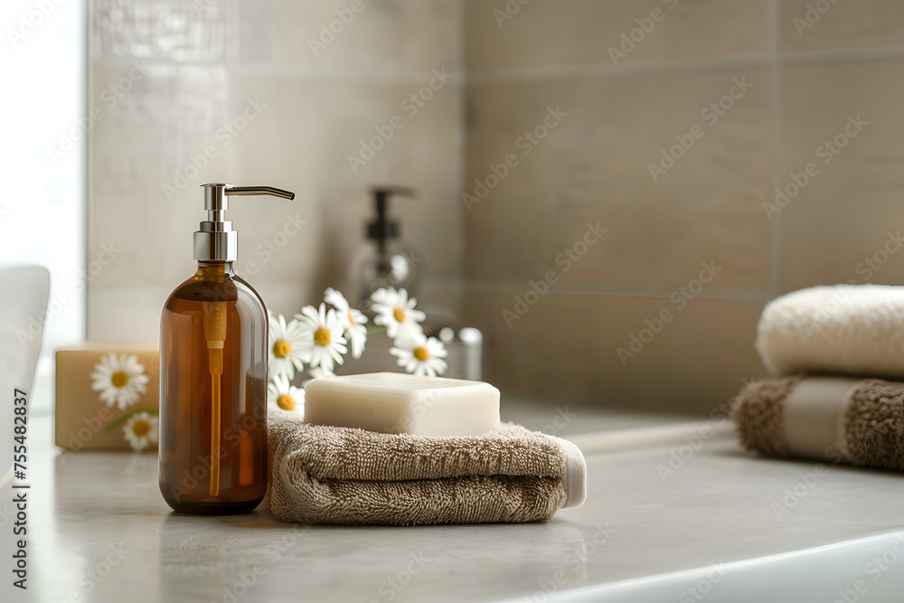 An illustration of a shampoo bottle next to towels in the bathroom. bathroom accessories. bottle of care product without insert label