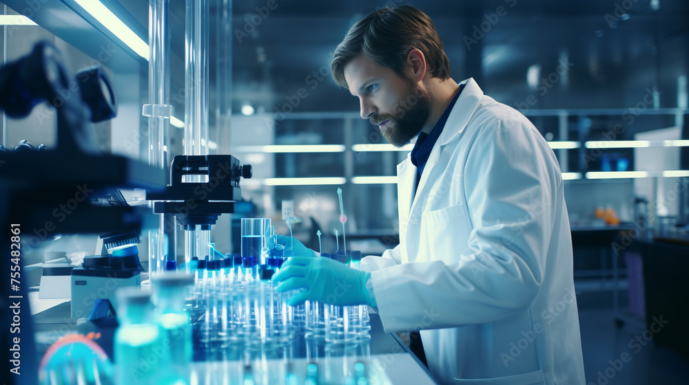 A man, a doctor and a scientist is looking into a microscope A man, a doctor and a scientist is looking into a microscope