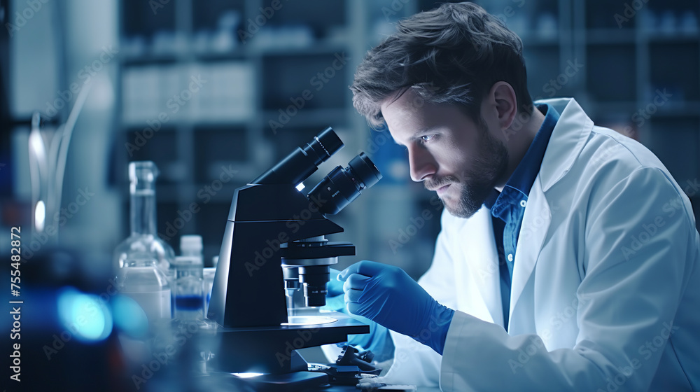 A man, a doctor and a scientist is looking into a microscope A man, a doctor and a scientist is looking into a microscope