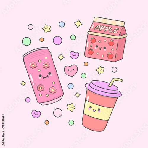drink beverages can coffee cup milk with cute facial expressions and pastel colour