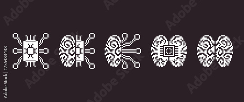 black and white simple 1bit pixel art set of artificial intelligence icons. brain and chipset