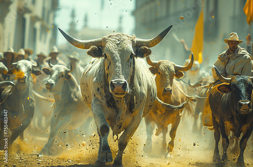 Dust rises as a herd of bulls charge down a street with a cowboy in pursuit, capturing the intensity of a traditional cattle run.