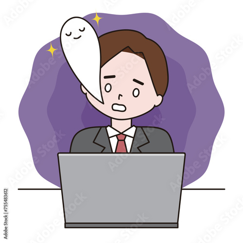 PCの前で白目を向いて気絶する男性のイラスト