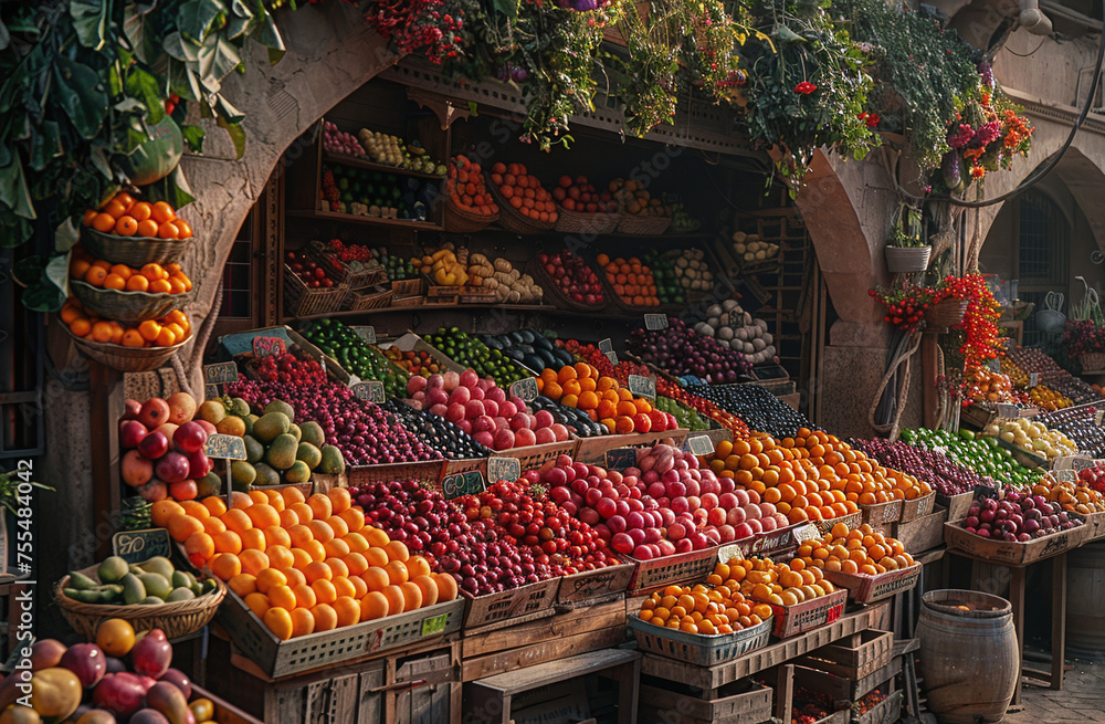 Colorful fruit market stall with a variety of fresh produce on display.