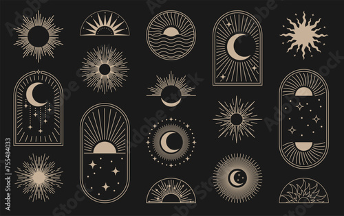 Sun icons set. Boho sunset logo with bohemian line rays, moon beam minimal sunrise, celestial logotype. Contour and silhouette elements isolated on black background. Vector modern design