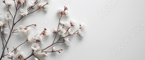 Composition of White flowers and brench on white background. Flat lay, top view. copy space for text.  photo