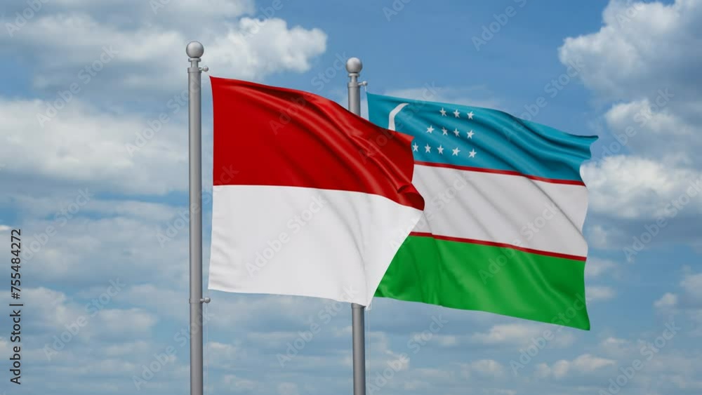 Republic of Uzbekistan and Indonesia two flags waving together, looped video, two country cooperation concept Republic of Uzbekistan and Indonesia two flags waving together, looped video, two country cooperation concept