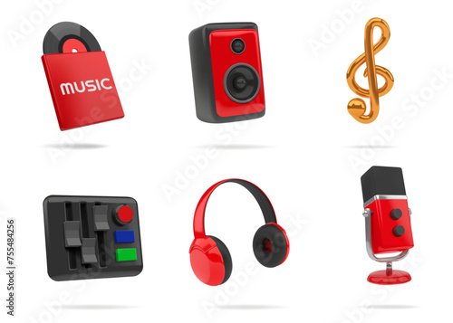 3D sound icons. Music equipment. Red microphone. Headphones and speaker. Musical note. Stereo amplifier console. Soundtracks disc. Electronic headset. Vector render audio instrument set