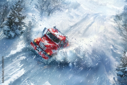 A snowplow is eating, in motion on a snowy road. View from above.