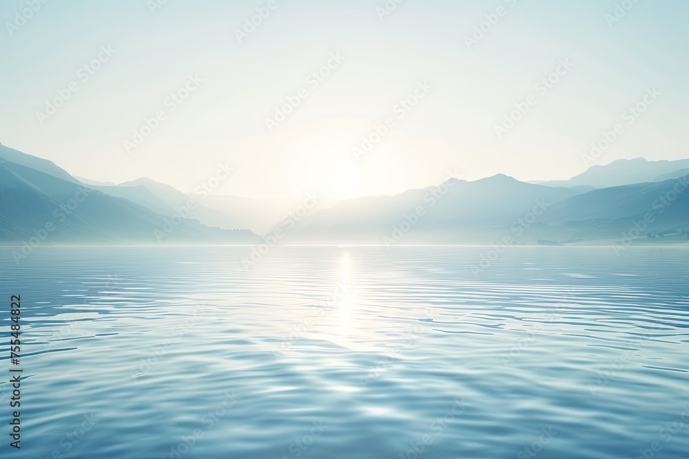 sunrise over the sea. A blue lake and blue mountains in the sun. The radiance of the sun on the background of water and mountains.