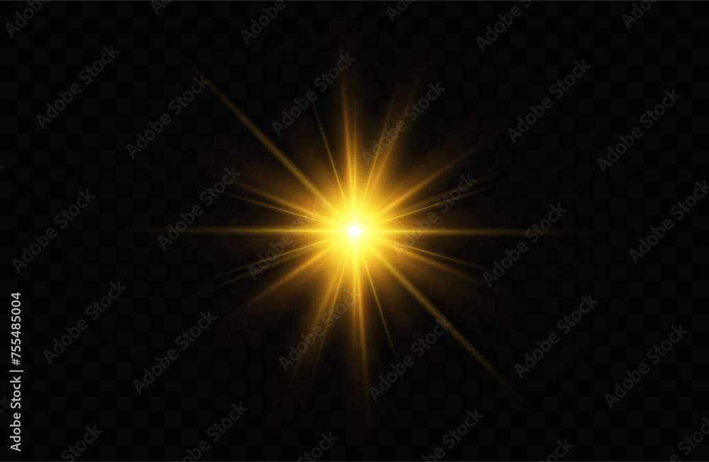 Golden particles of light. Golden light. Light flare.Stars isolated on transparent background.	
