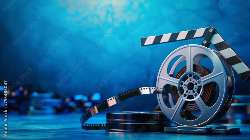 3d cinema film strip and reel with clapper board on blue - obrazy, fototapety, plakaty 