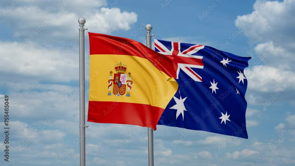 Australia and Spain two flags waving together, looped video, two country relations concept Australia and Spain two flags waving together, looped video, two country relations concept