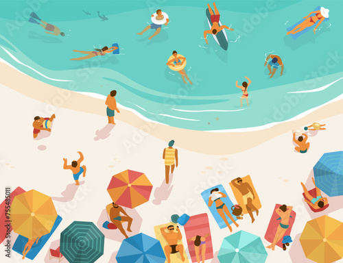 People swim. Summer beach. Persons on vacation. Seashore top view. Surfers in ocean. Woman sunbathing under umbrella. Man swimming with kids. Tourists crowd at seaside. Vector illustration