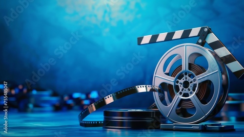 3d cinema film strip and reel with clapper board on blue photo