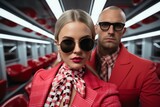 Fashion-forward couple posing in a futuristic train cabin with bold styles