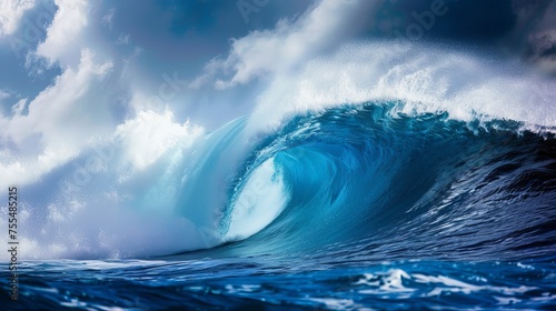 A large, blue wave breaks, perfect for surfing