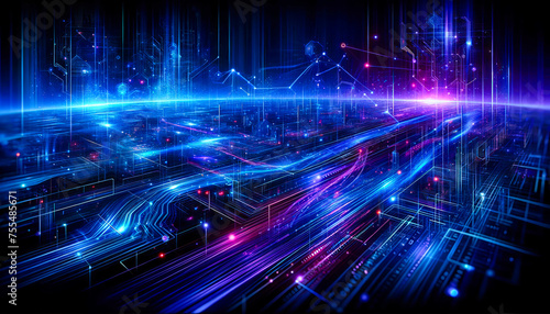 Futuristic cyber network with digital data streams in neon blue and purple.