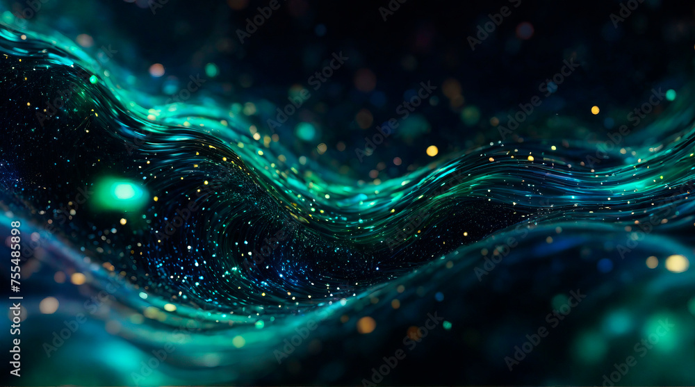 Abstract background with blue-green waves and glowing particles - obrazy, fototapety, plakaty 