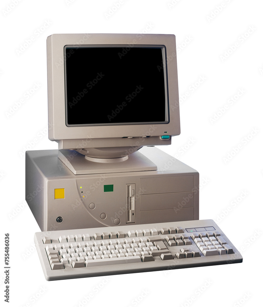 Nineties obsolete tower pc computer isolated on white