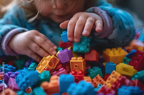 Child playing with colorful building blocks  focusing on hands and toys with a blurred background.