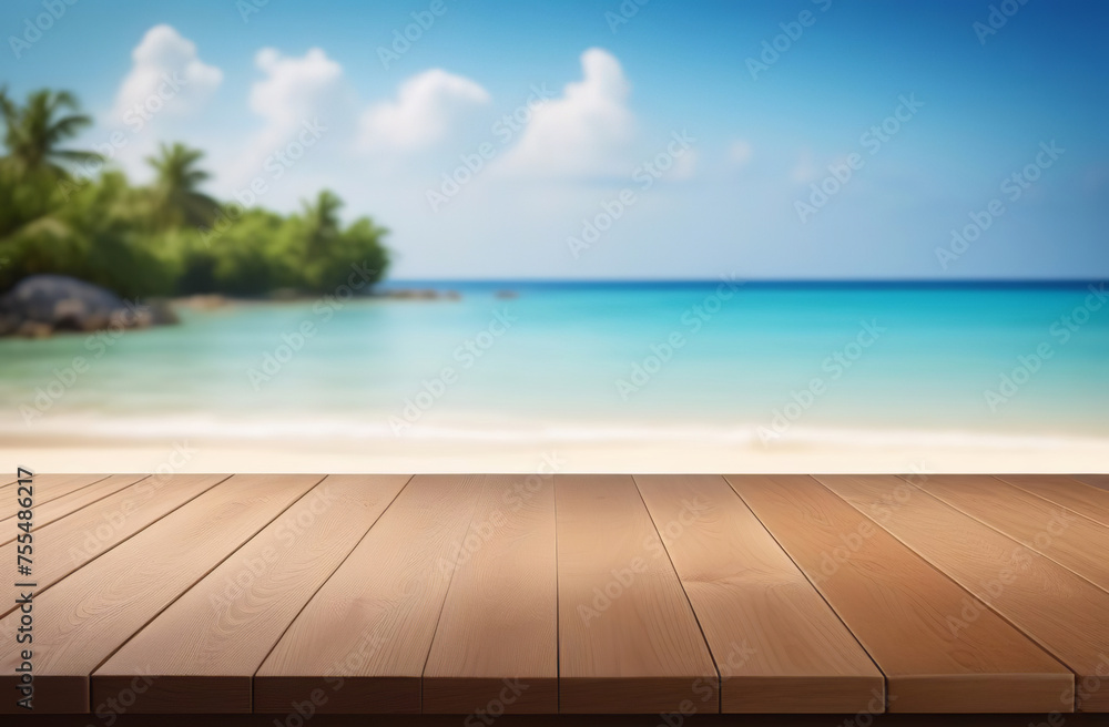 Empty wooden table, bar pier with tropical sunny beach background. Copy space for your promo, text or logo brand. Wood desk board on nature blue sky sea view. Blank tabletop on blur summer ocean scene