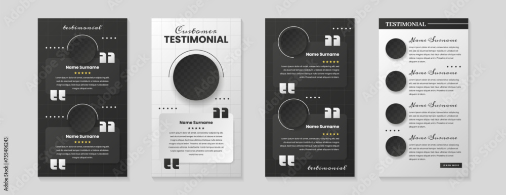Customer service review template. Product or business rate feedback. Set of testimonial posts, web banners of client satisfaction with star rating. Testimonials design with opinion, user icon, comment