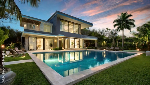 Large residential modern house with swimming pool somewhere in Florida. Courtyard view with swimming pool, green grass, step tiles, two storey house, glass windows and doors, above ground pool
