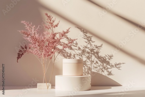 Minimalistic empty 3D Podium in beige colors with dried flowers and shadow from the window. Empty elegant Pedestal for advertising and presentation of products and mock up cosmetics.