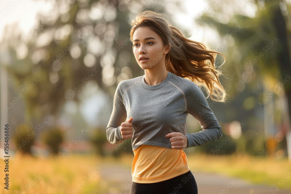 Fit young woman enjoys an early morning jog on a scenic outdoor path Fit young woman enjoys an early morning jog on a scenic outdoor path