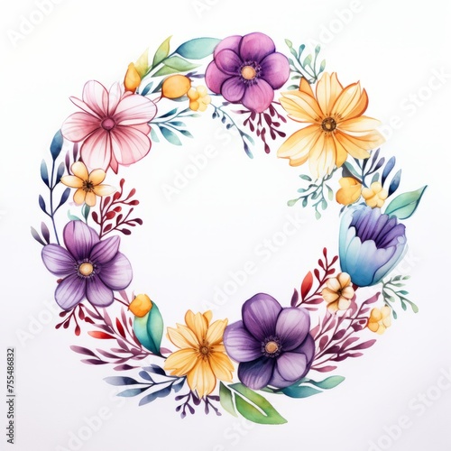 watercolor floral wreath with flowers on white background. suitable for wedding invitation template