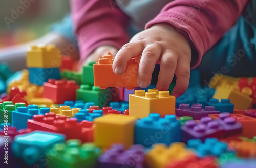 Child's hand playing with colorful interlocking plastic bricks on a table.