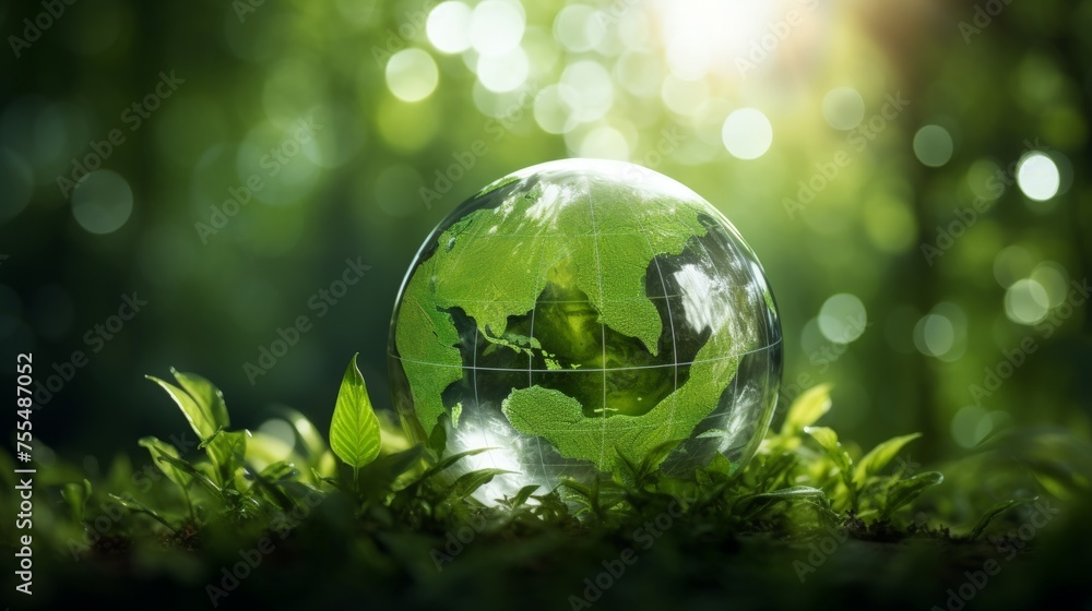 Globe in green nature with environment icon, beautiful forest and greenery. concept of ecology, life conservation, planet Globe in green nature with environment icon, beautiful forest and greenery. concept of ecology, life conservation, planet
