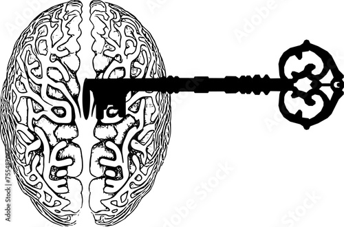 Vektor - Schlüssel zum Gehirn - Zugang zur Psyche - Zugang zum Hirn - Neurowissenschaften - Psychologie