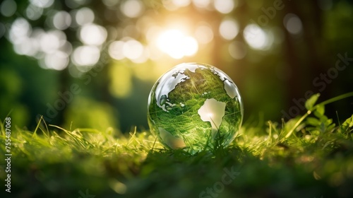 Globe in green nature with environment icon  beautiful forest and greenery. concept of ecology  life conservation  planet