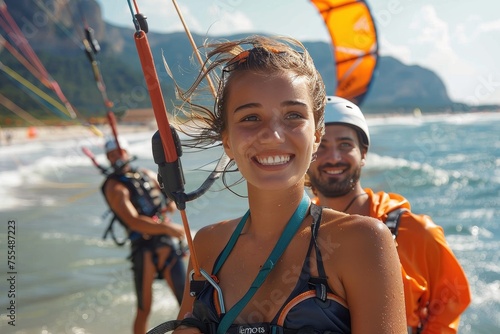 A happy couple engaged in kitesurfing, wearing helmets and life jackets, with parachutes in the background