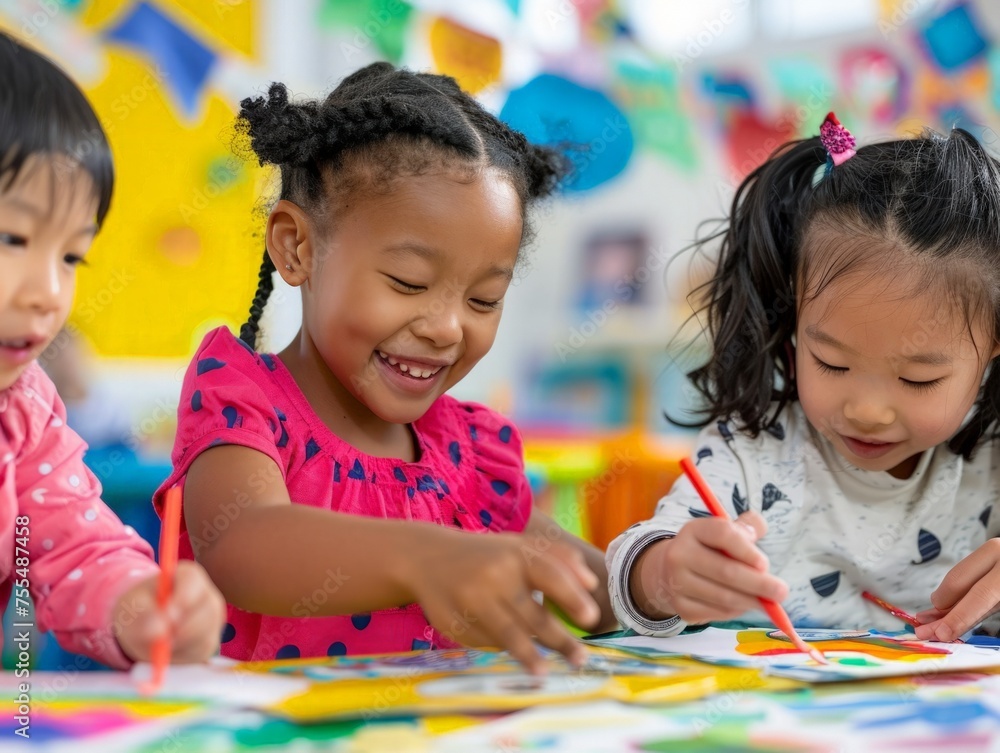 photo of black multinational and chinese kids 4-5 years old are doing theme projects about flags during workshops photo of black multinational and chinese kids 4-5 years old are doing theme projects about flags during workshops