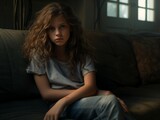 A one young depressed girl sits at home alone in dark colors.