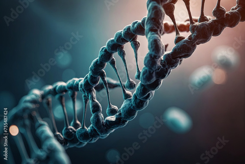 Blue DNA Double Helix Artwork on Dark Blue Background with Nucleotide Spheres