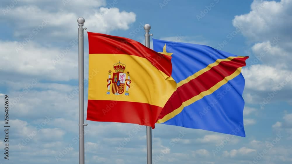 Democratic Republic of the Congo and Spain two flags waving together, looped video, two country relations concept Democratic Republic of the Congo and Spain two flags waving together, looped video, two country relations concept