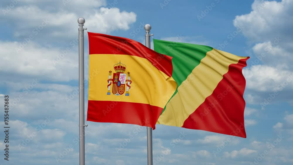 Republic of the Congo and Spain two flags waving together, looped video, two country relations concept Republic of the Congo and Spain two flags waving together, looped video, two country relations concept