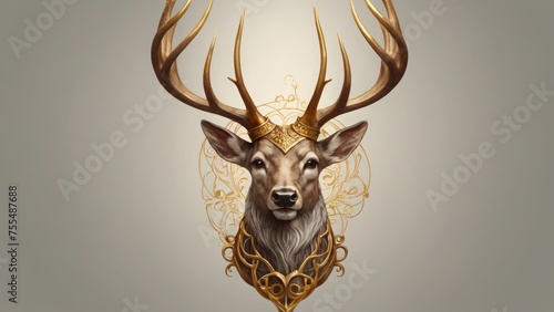 Pagan god deer head with antlers and golden details on dark background	
