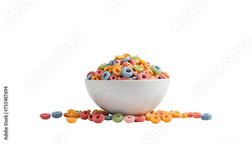 Fruit ceral and pouring milk loop in bowl isolated on transparent background 