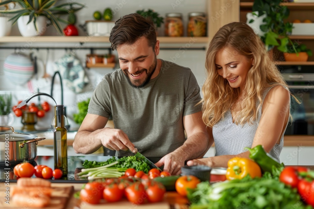 A smiling man and woman prepare food together, surrounded by fresh vegetables A smiling man and woman prepare food together, surrounded by fresh vegetables