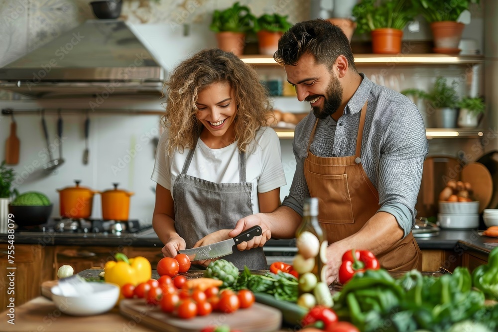 A couple enjoys cooking together, using a knife to cut fresh tomatoes on a kitchen counter A couple enjoys cooking together, using a knife to cut fresh tomatoes on a kitchen counter