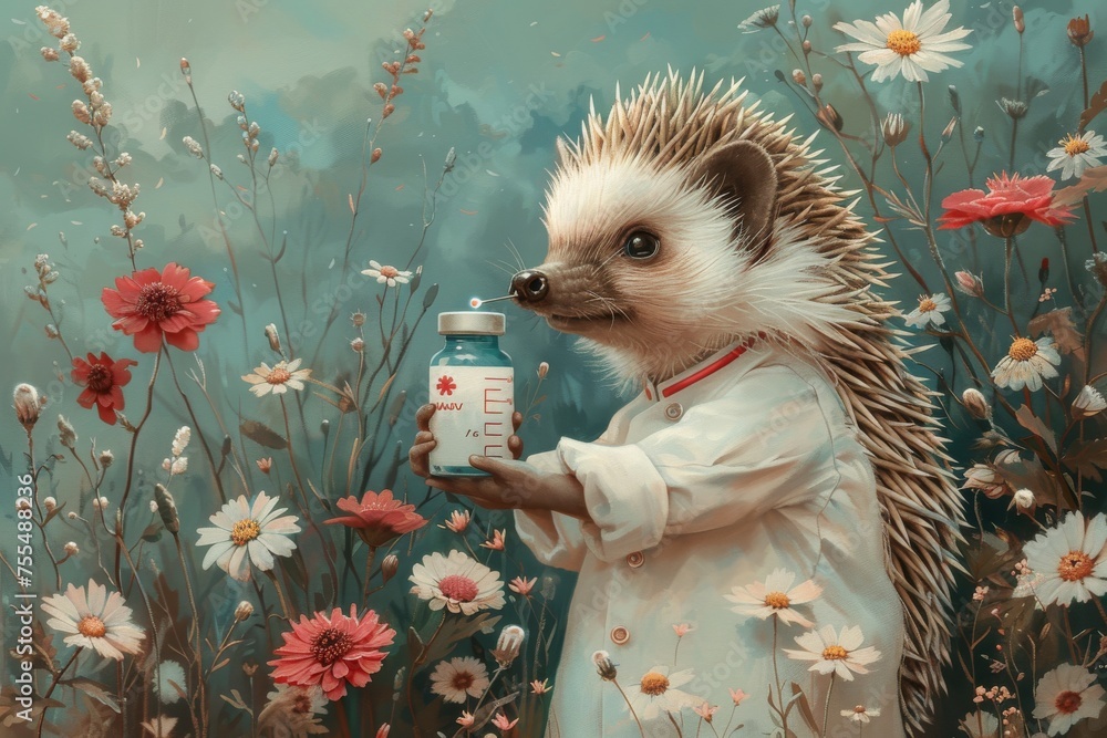 Her bashful expression and whimsical syringe filled with wildflowers disarm any fear of needles, making this hedgehog nurse a comforting presence for all ages. - obrazy, fototapety, plakaty 