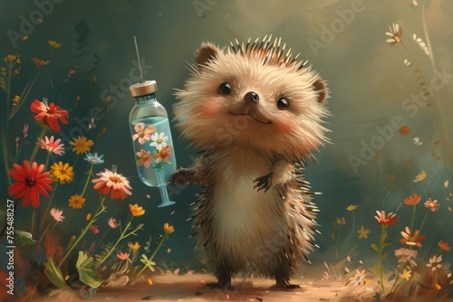 With a shy smile and a giant syringe overflowing with colorful wildflowers, this adorable hedgehog nurse embodies a gentle, nature-inspired approach to healthcare. photo