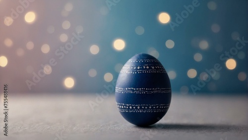 A navy blue Easter egg with a delicate white pattern is set against a soft bokeh background  emphasizing tradition with a modern twist